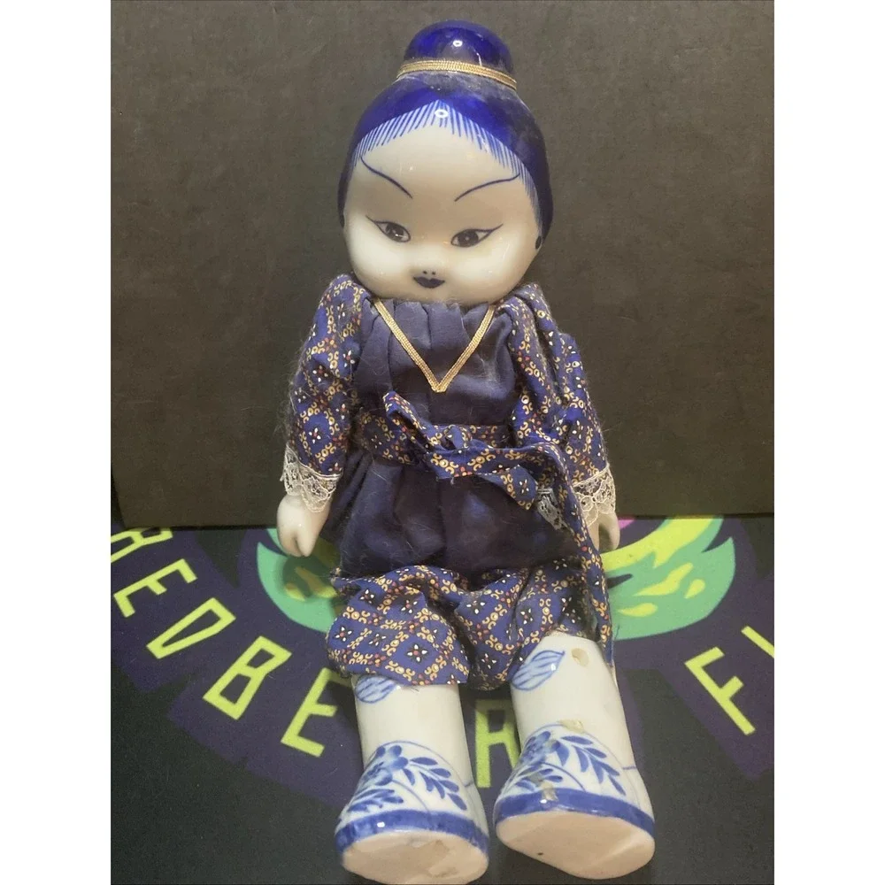 Vintage Porcelain Asian Doll 10 Inches,  Delft Blue Feet, Handmade Doll In Blue